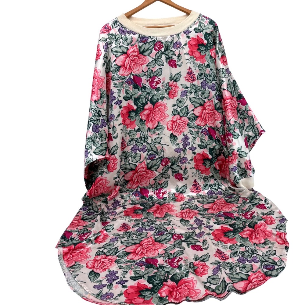 Vintage Kathryn Floral Satin Nightgown Pink Rose Oversized house dress L/XL